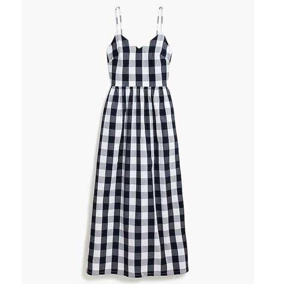 J. Crew Navy Blue Checkered Plaid Gingham Cotton Maxi Dress Size 8 - Picture 2 of 9